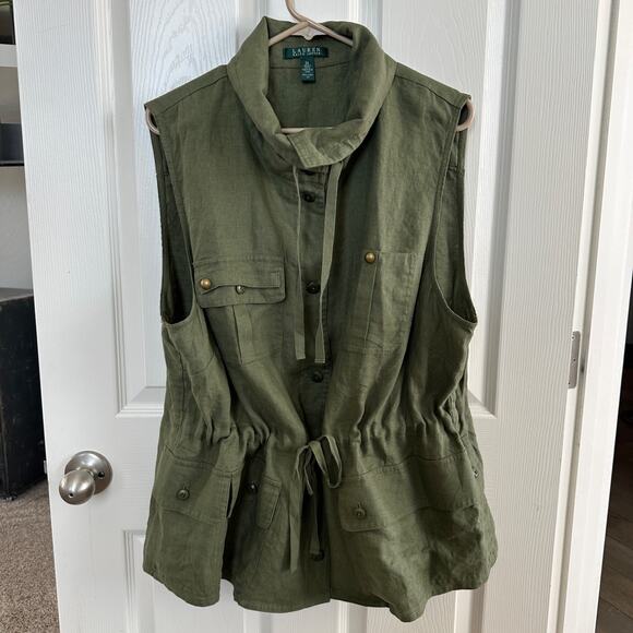 lauren ralph lauren linen safari vest 2x olive green cargo utility drawstring - Picture 1 of 14